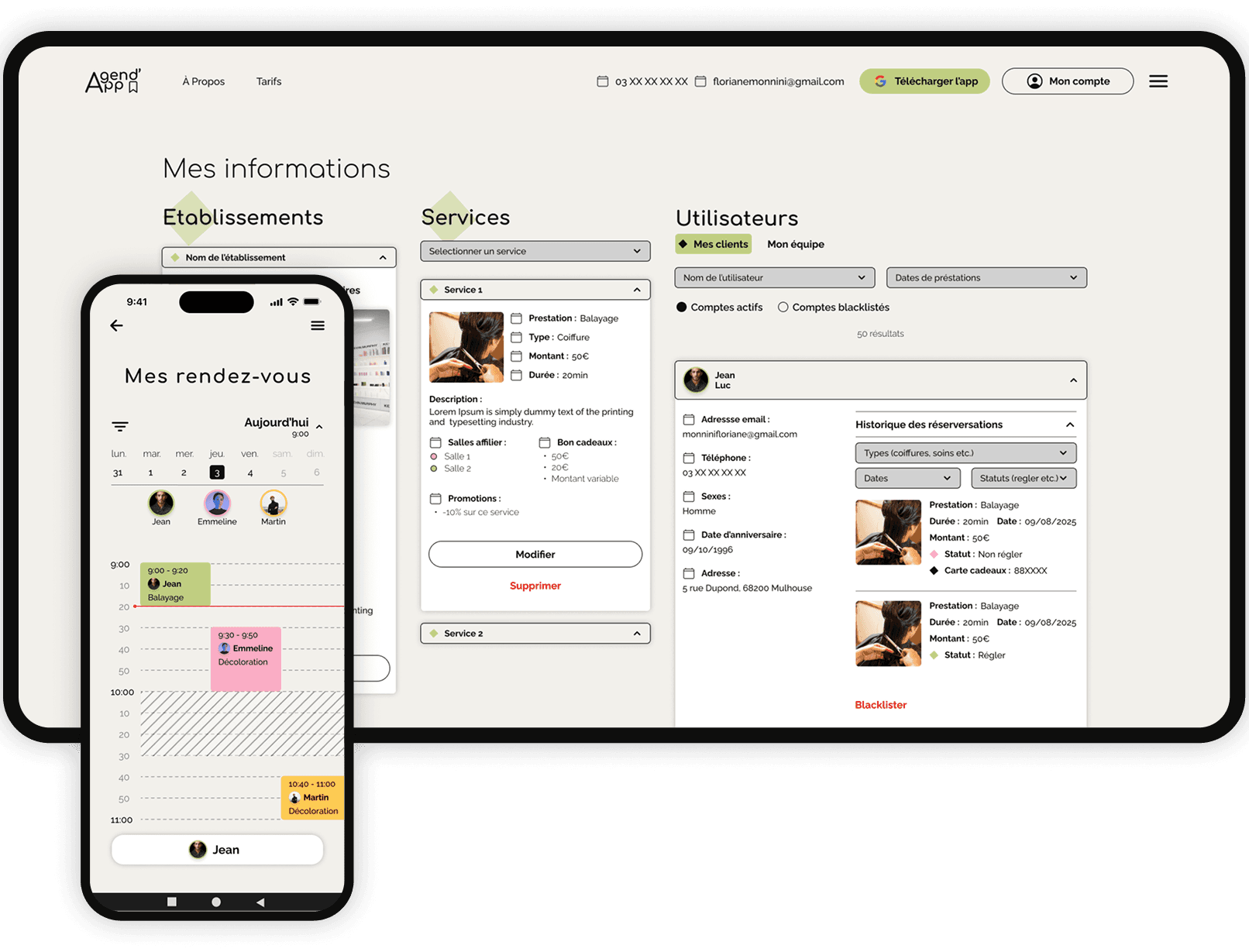 Interface de la plateforme Agend’App combinant application mobile de gestion des rendez-vous et interface web d’administration pour les professionnels du secteur du bien-être.