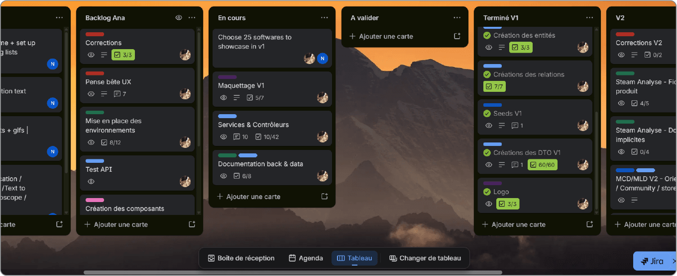 Organisation du projet via un tableau Trello structuré par phases (backlog, en cours, validé, terminé) et par versions (V1, V2 et suivantes)