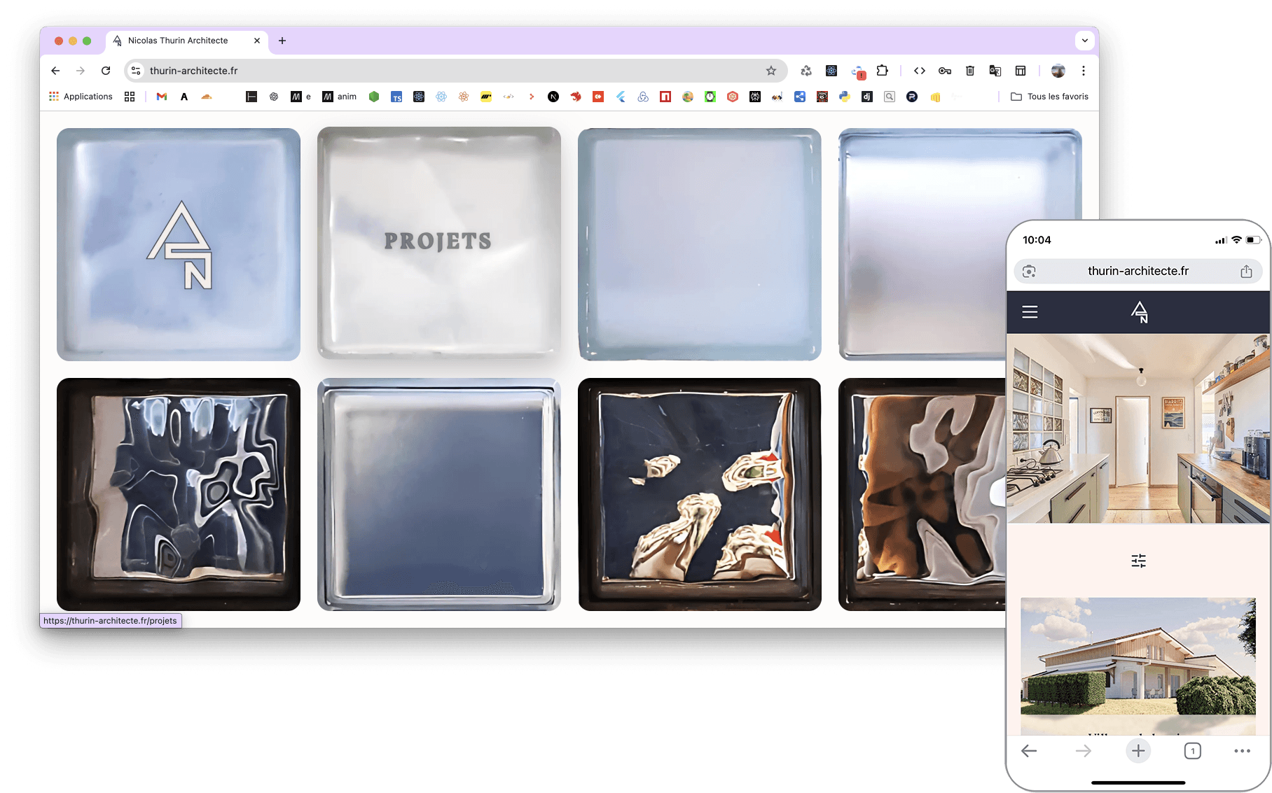 Architect portfolio website interface featuring a visual grid inspired by materials and textures, alongside a mobile preview displaying a project.