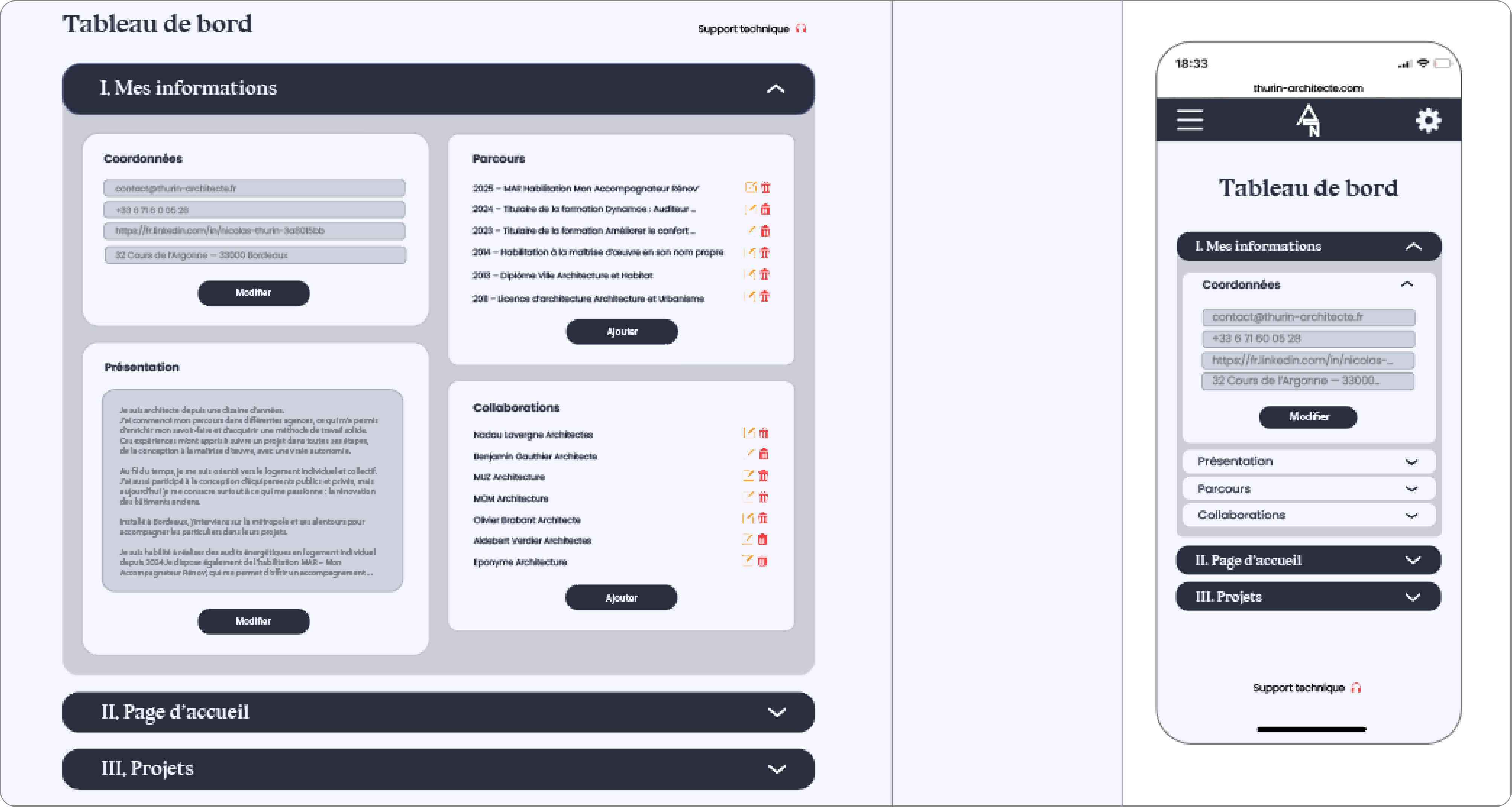 Admin interface of the website allowing the architect to edit personal information, background, collaborations and presentation, with a responsive mobile version.