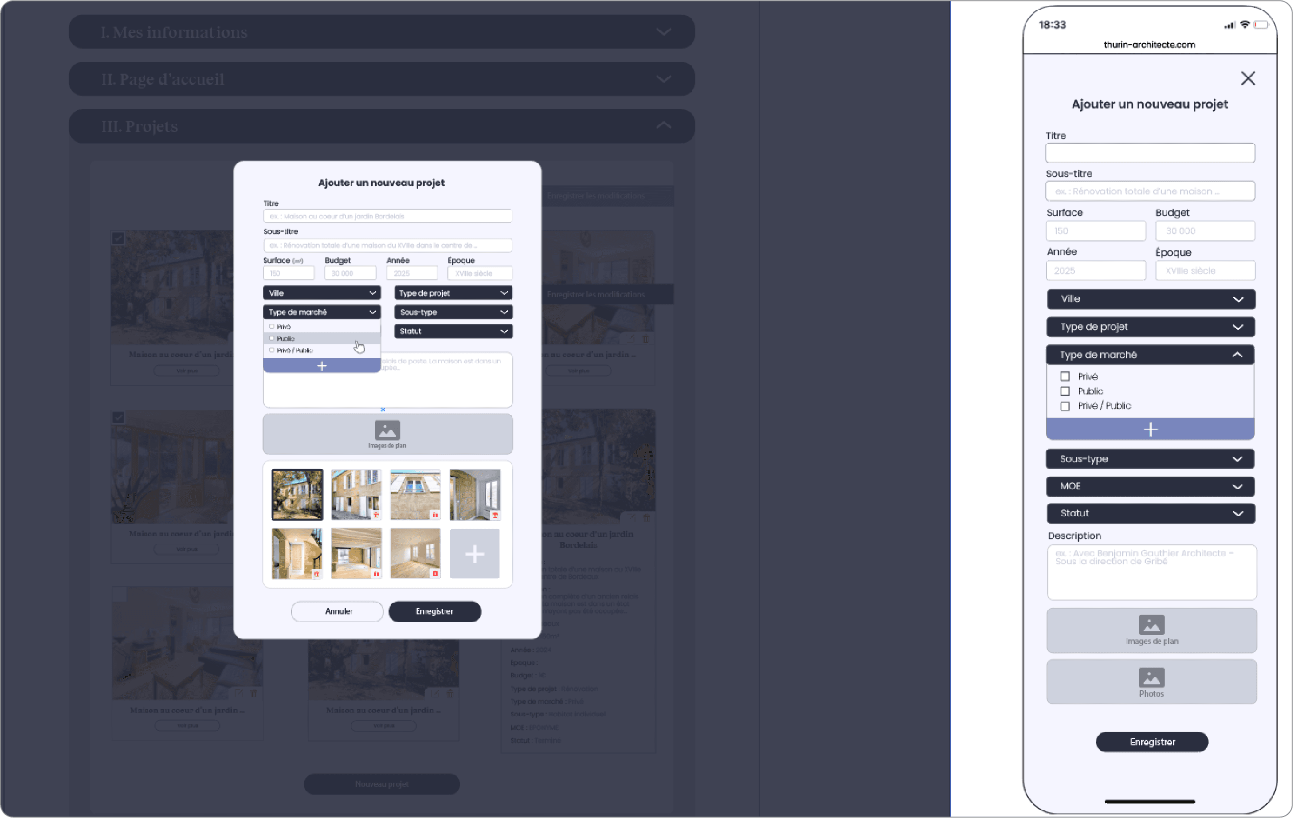 Project creation form in the admin interface, with structured fields (title, surface, type, status) and image management, shown in both desktop and mobile versions.