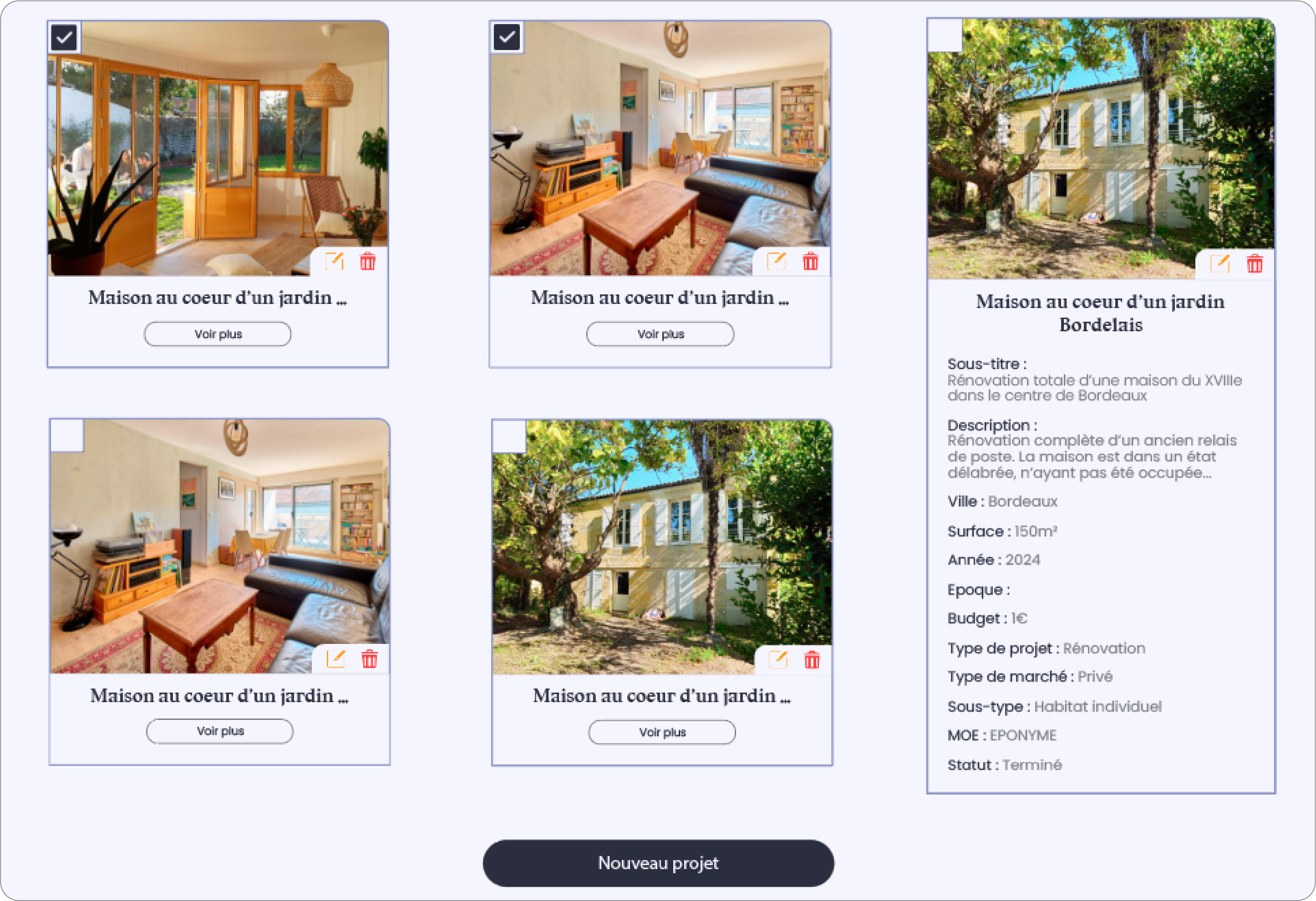 Admin interface displaying a list of projects as cards with edit and delete actions, including one expanded card showing full project details.