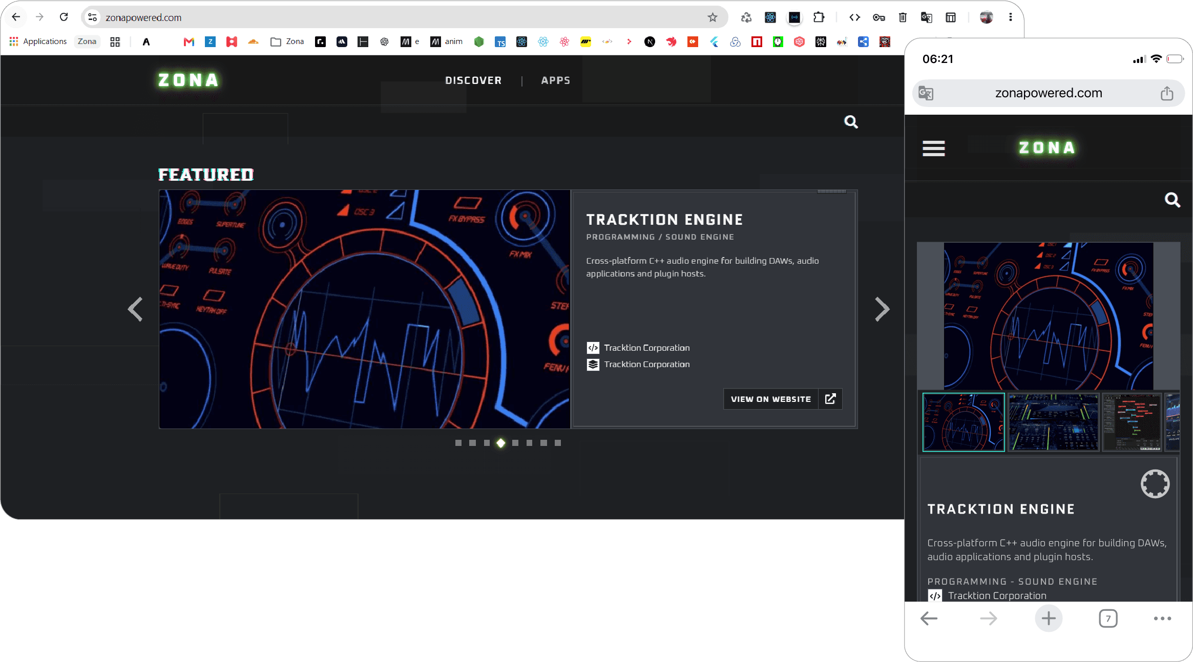 Zona homepage displayed on desktop and mobile, showcasing featured software.