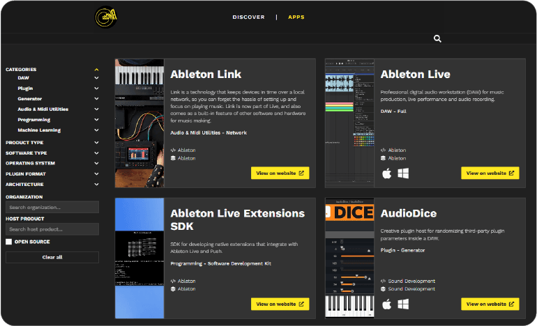 Zona's audio software catalog interface featuring search filters and product cards