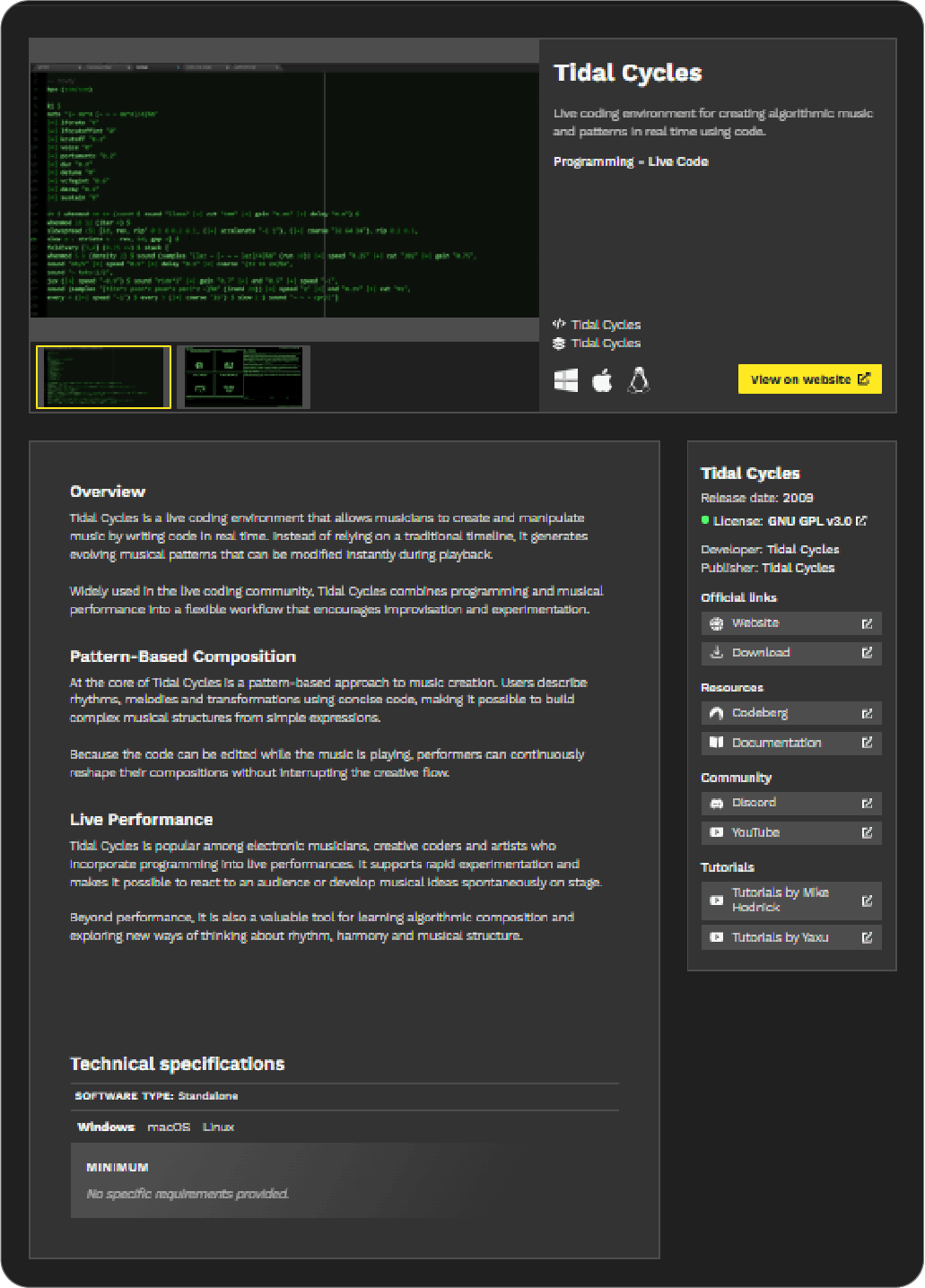 Zona product page for TidalCycles featuring screenshots, software information, technical specifications, and the various available resources